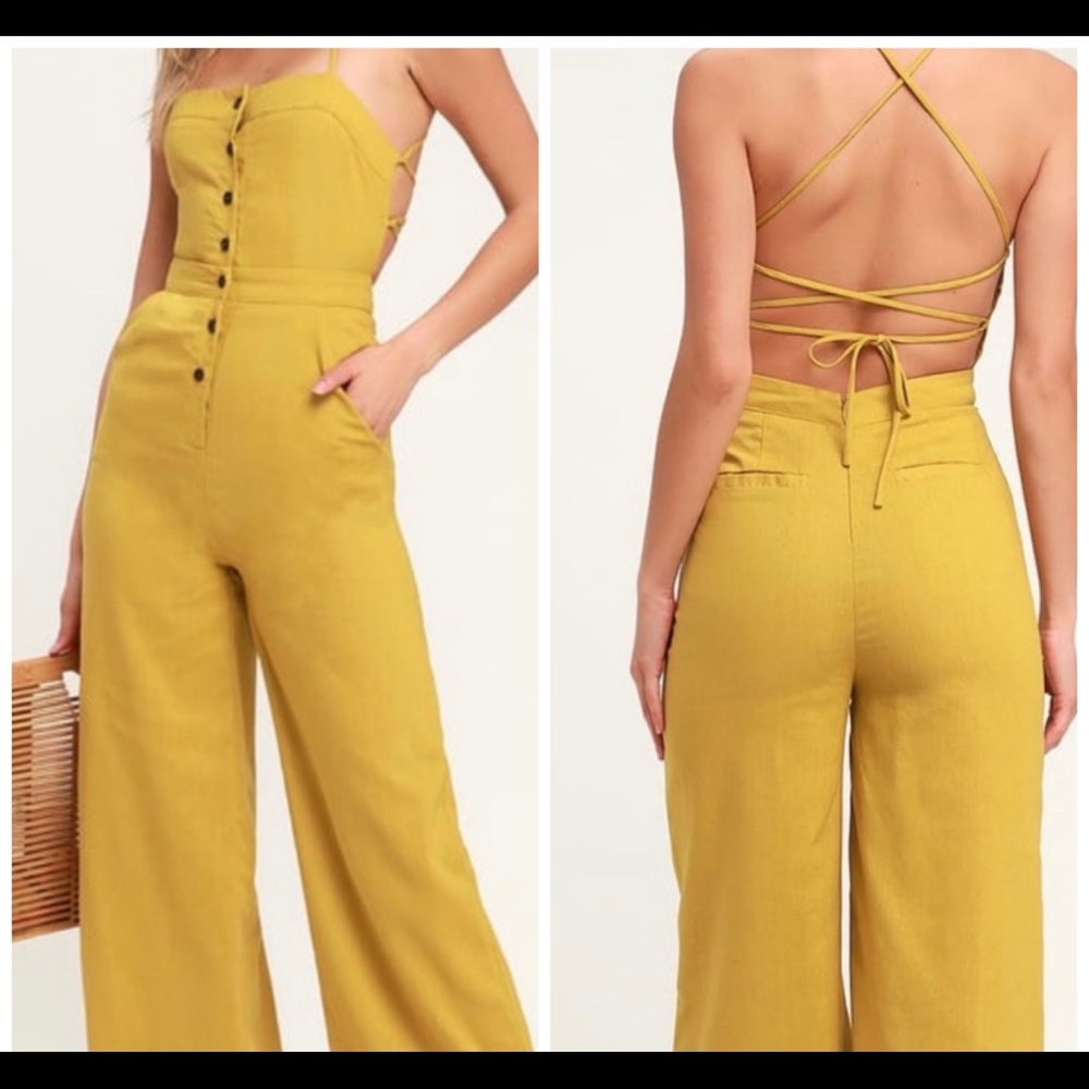 Mustard Marigold Lace Up Criss Cross Back Jumpsuit